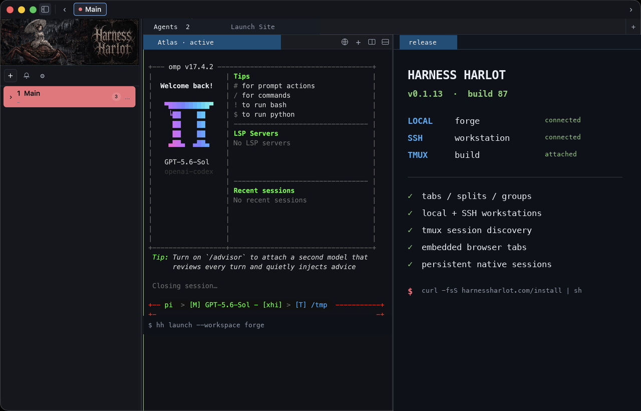 Harness Harlot showing a local workstation with an AI agent pane and a release-status terminal pane